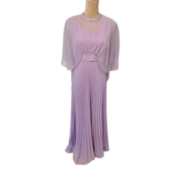 Vintage 1970's NOS Pleated Butterfly Batwing Cape Maxi Dress Lavender Small - Picture 10 of 10